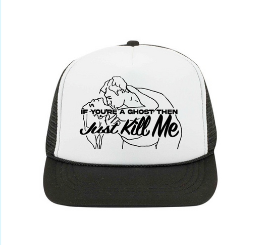 "Linger" High Crown Mesh Back Trucker Hat (Blk/Wht/Blk)